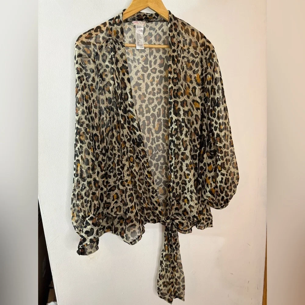 Free People Animal Print Oversized Tie Front Kimono Blouse